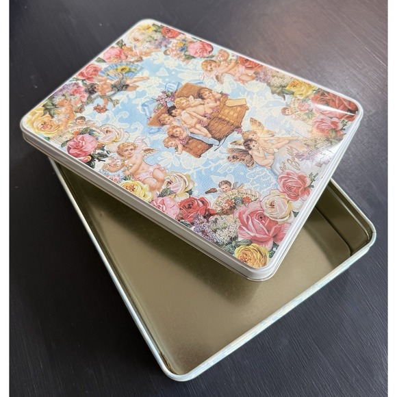 Other - Vtg Box Stationary Company Metal Rectangular Tin Angels Cherubs Floral celestial